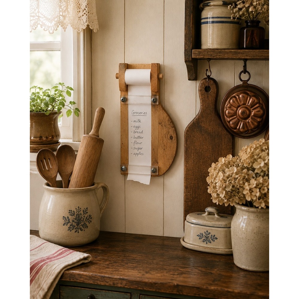 Vintage Wood Kitchen Wall Note Taker Roll Paper Holder Grocery List Farmhouse